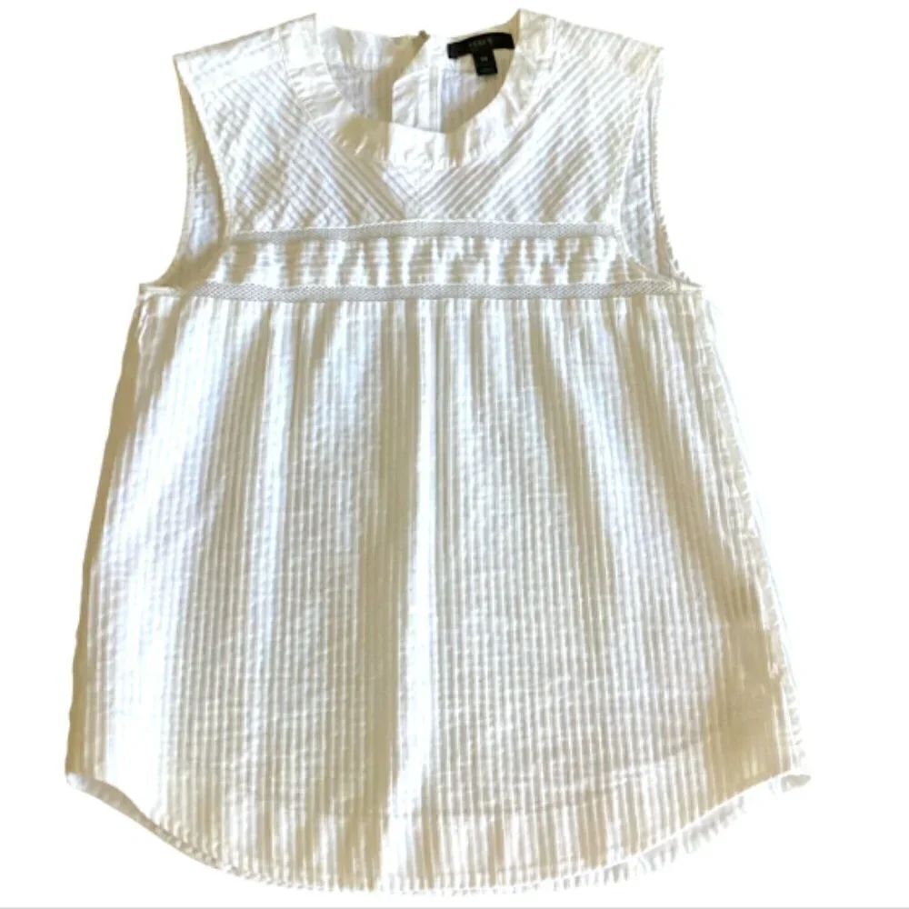 J Crew Pleated Cotton Shirt Sleeveless Top Pintuck Blouse Sz 00 White #157D‎